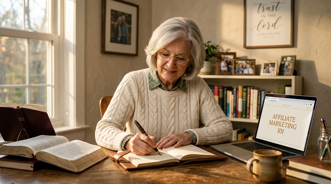 A senior woman writing affiliate marketing notes at her desk, notebook and laptop beside her